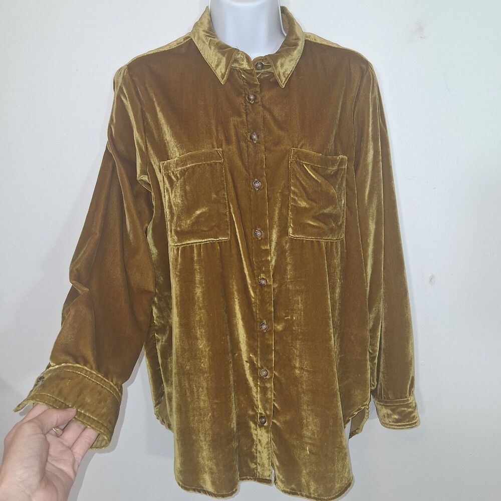 Gold Velvet Button Down Blouse Womens Sz M Luxury Whimsigoth Retro Statement